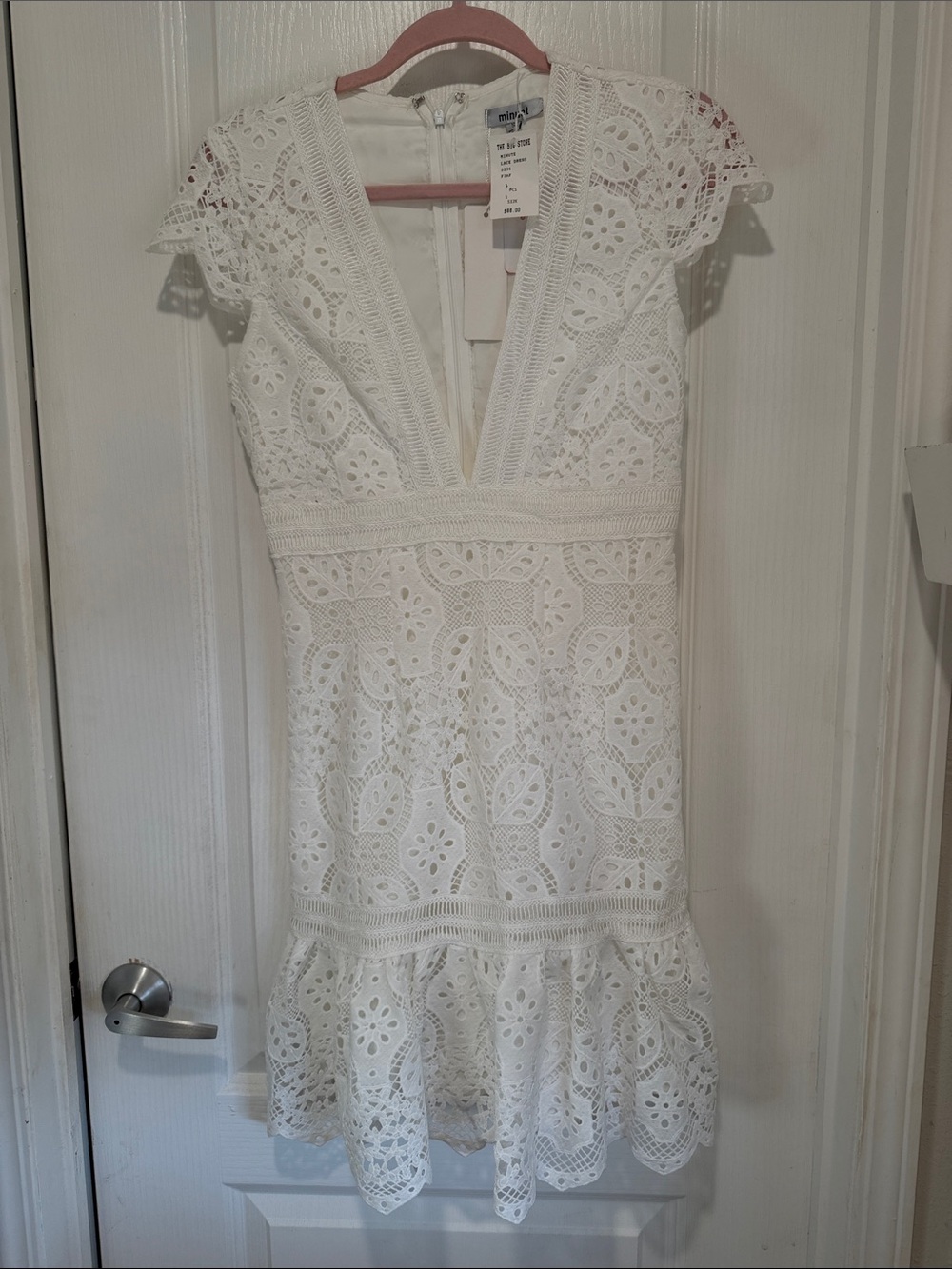 Minuet Petite White Lace Deep V Mini Dress